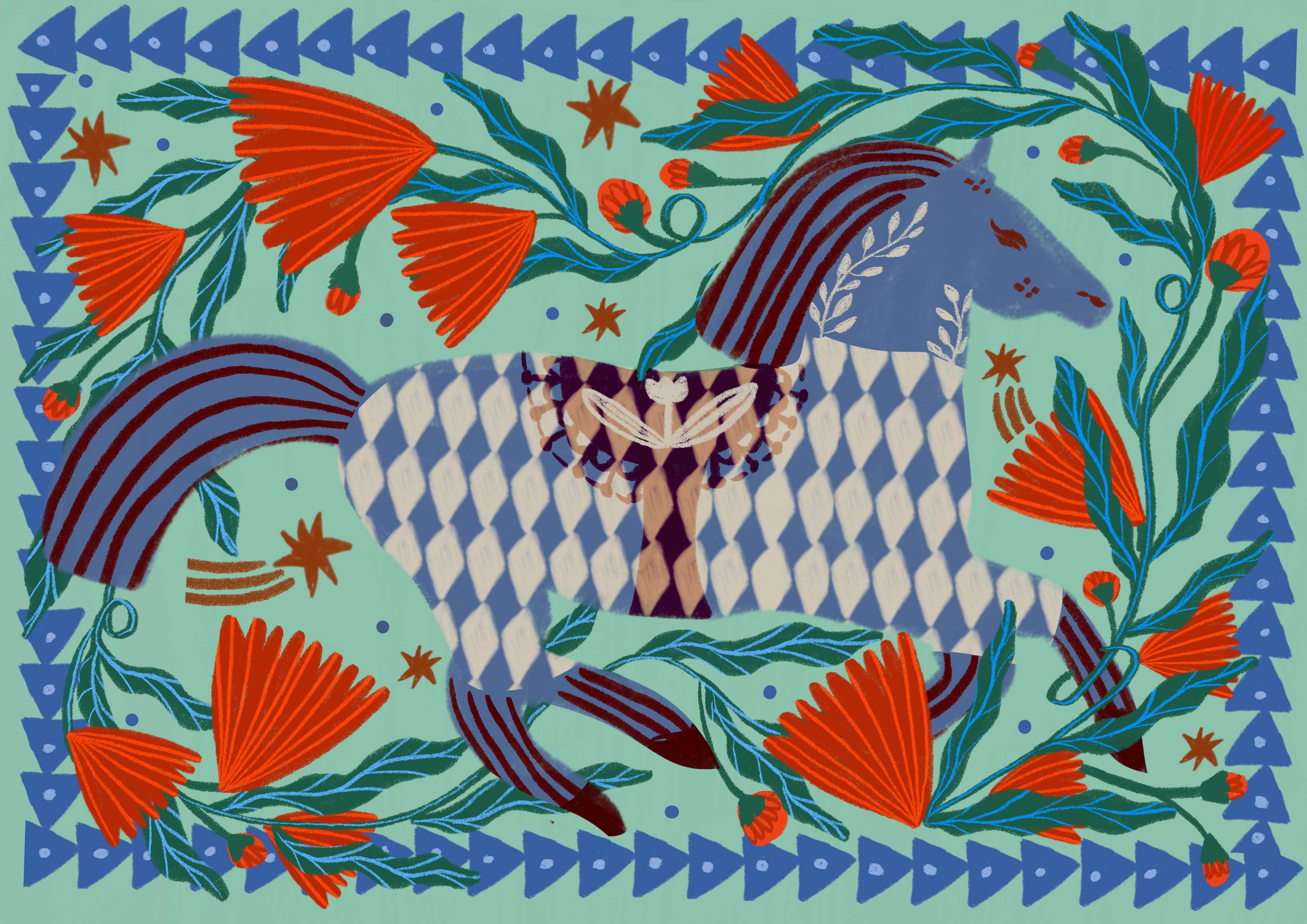 Folk Horse and Flowers