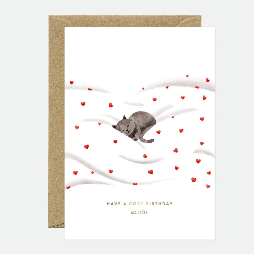 Cosy Cat - Carte de vœux d'anniversaire - Feuille d'or