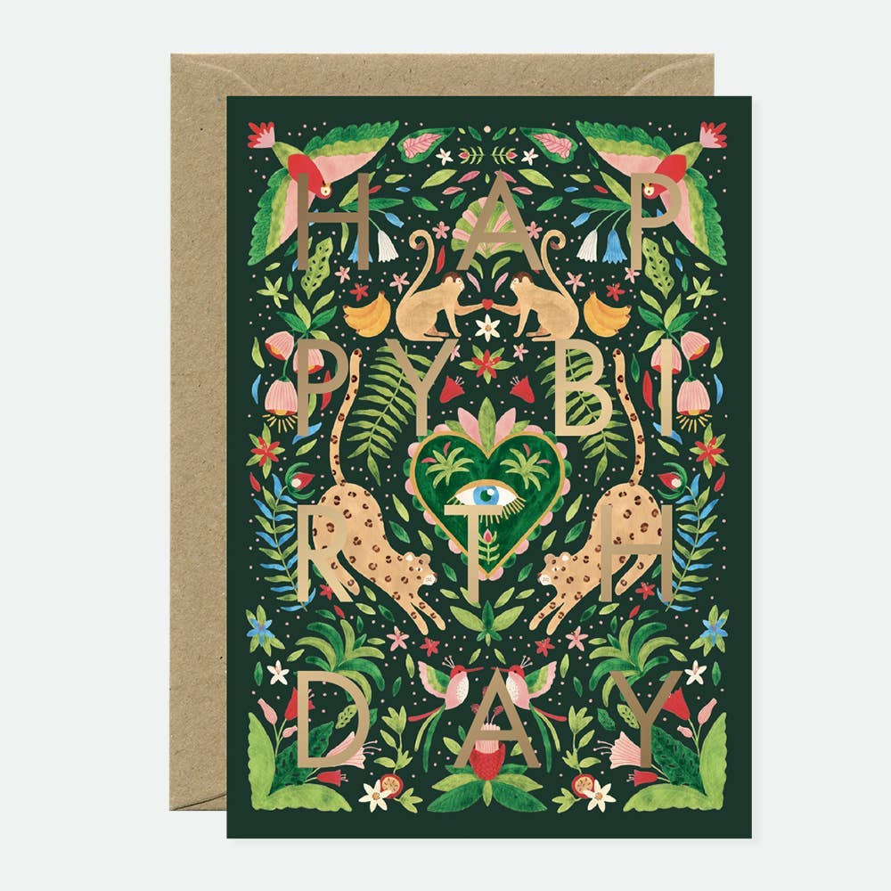 Carte d'anniversaire jungle verte avec dorure