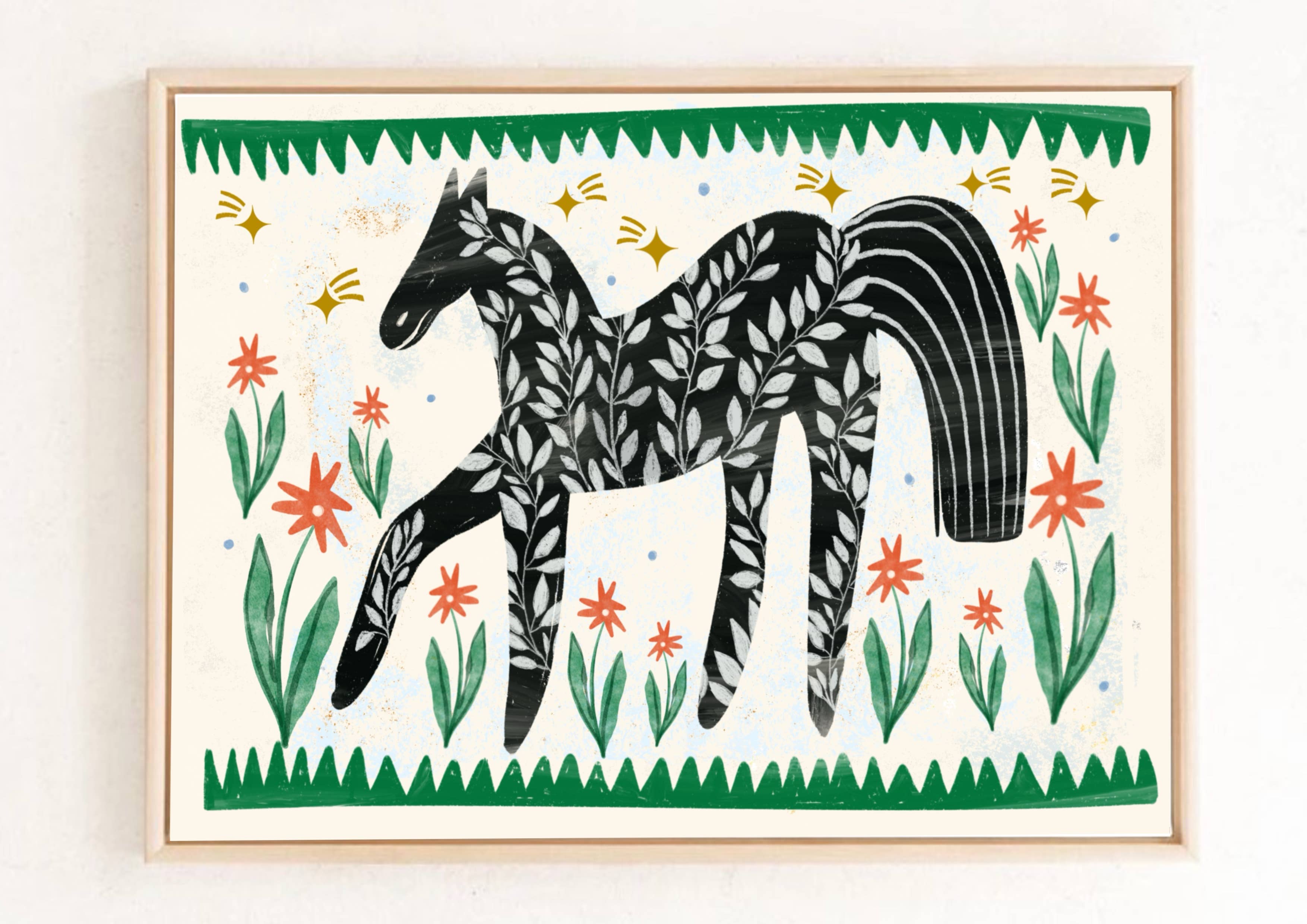 Folk Horse - Illustration numérique sur papier cartouche épais