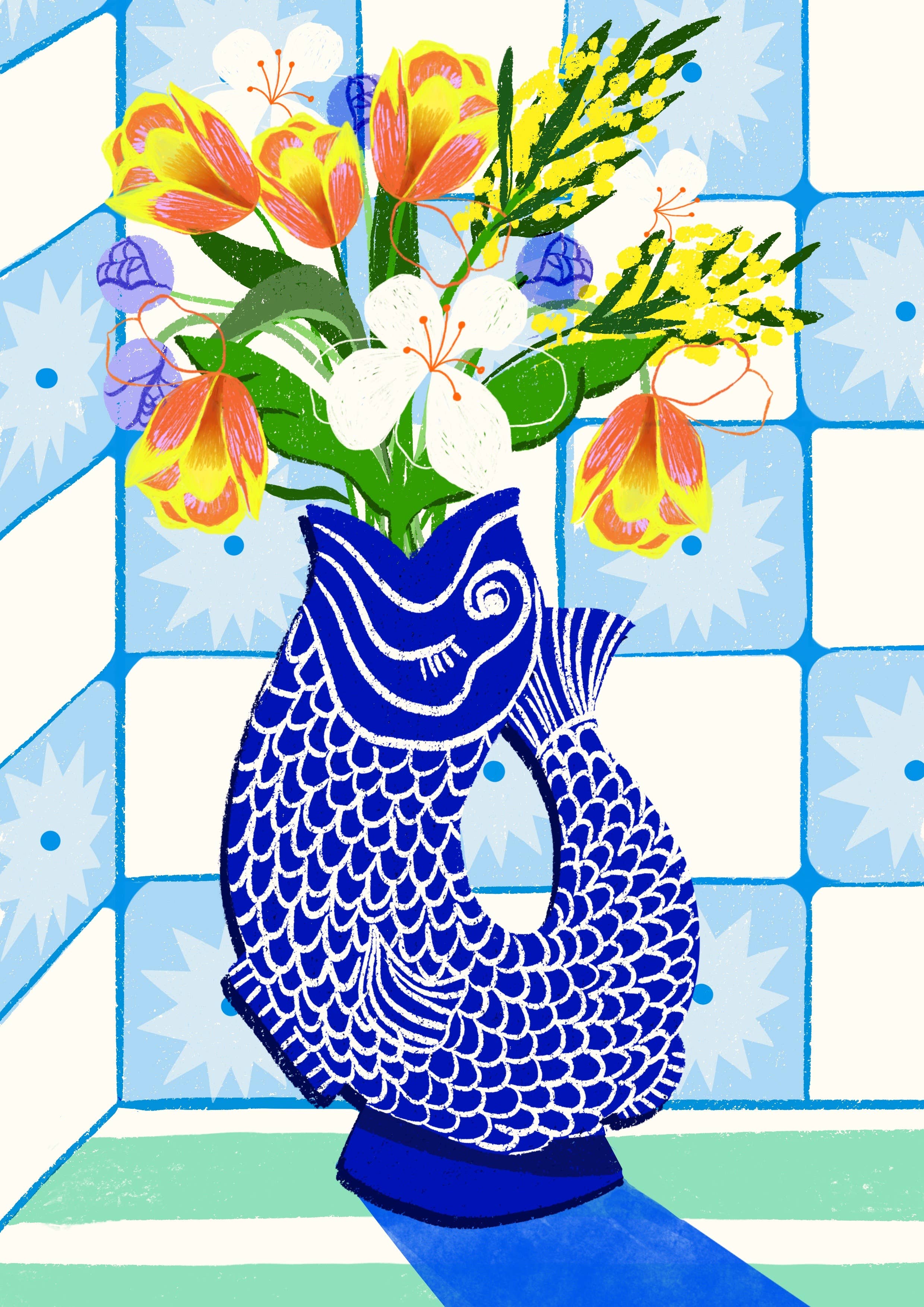 Vase poisson avec fleurs