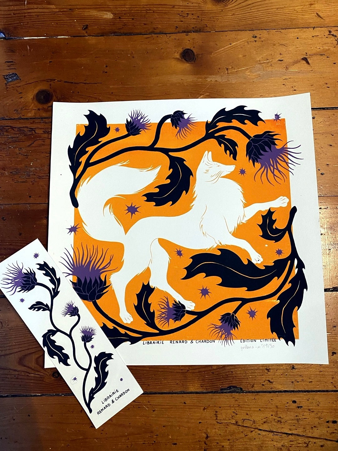 Sérigraphie & son marque-page "Renard & Chardon" - 30 x 30