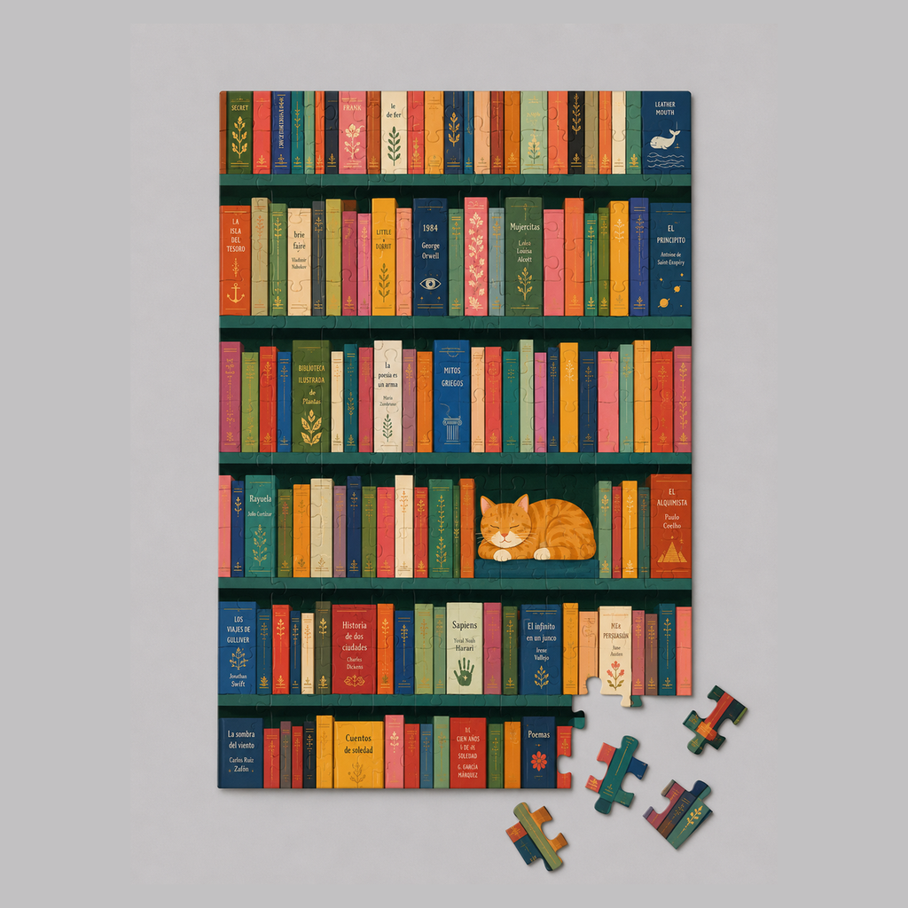 Mini puzzle Bibliothèque avec chat endormi