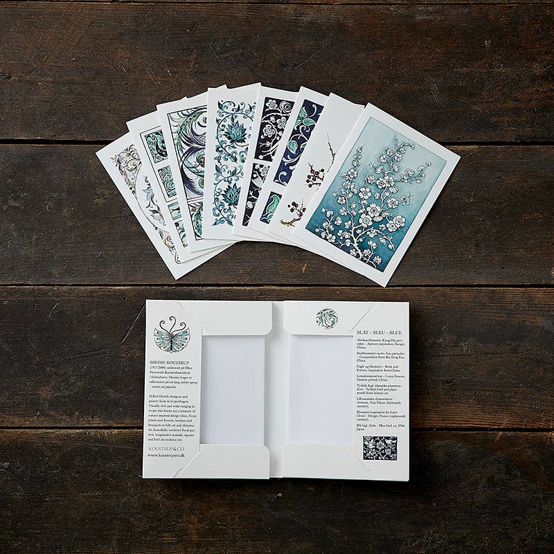 Coffret de 8 cartes bleues avec enveloppes par Birthe Koustrup