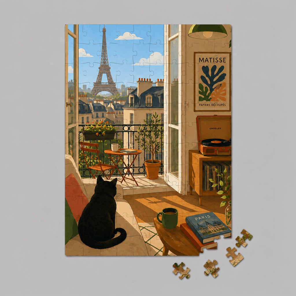 Mini puzzle Fenêtre de Paris avec chat noir